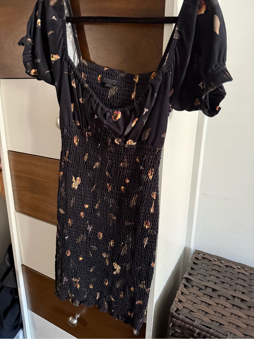 Allsaints Black Smocked Mini Dress